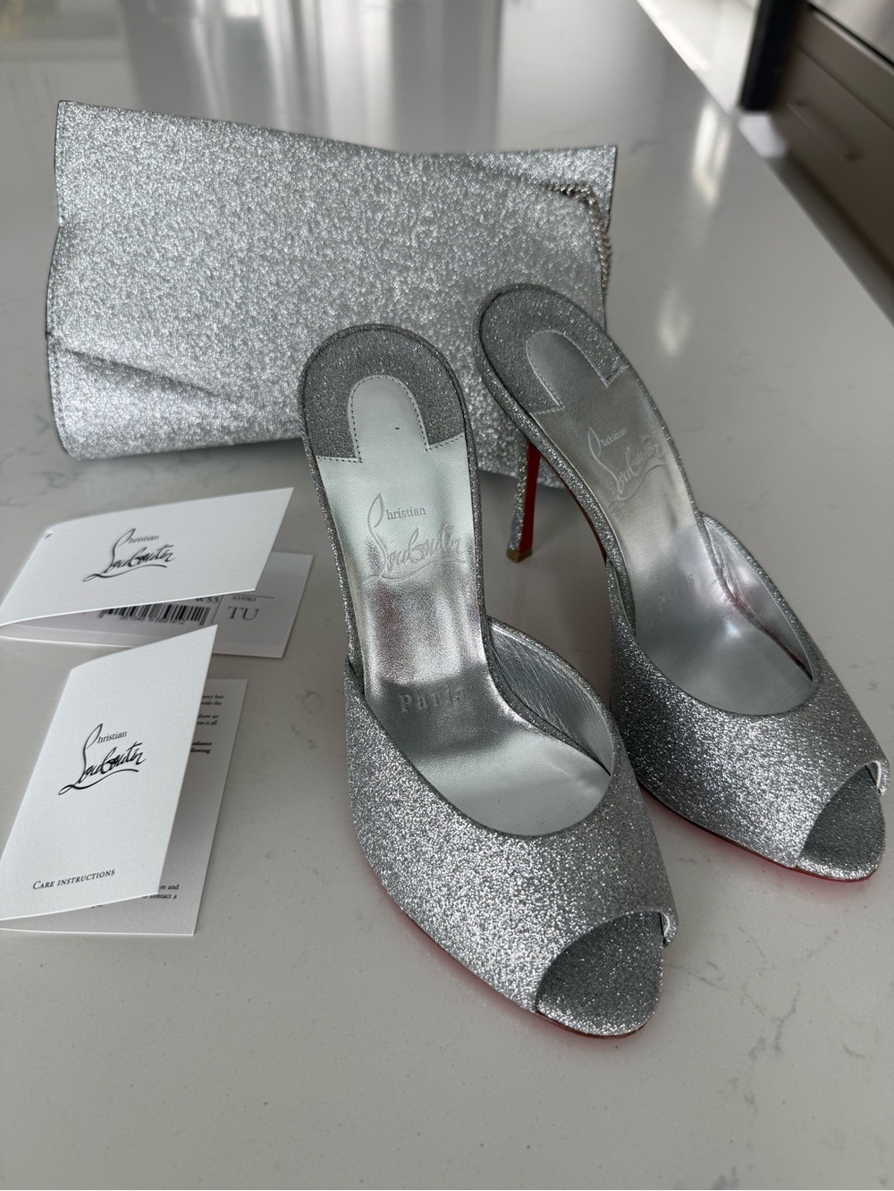 Christian Louboutin Silver Glitter Peep-Toe Mules with Red Soles - Picture 2 of 11